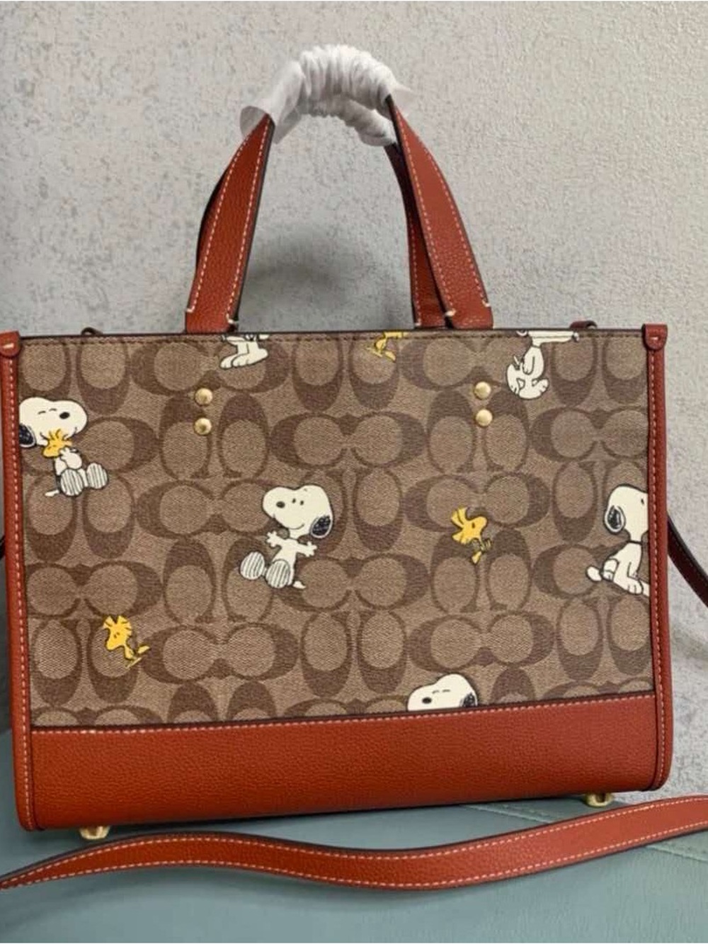 Good Coach Brown Signature Canvas Tote with Peanuts Print and Rust Leather Trim